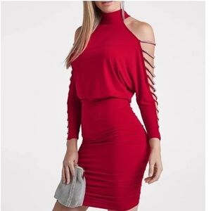 Venus Vibrant Red Cold Shoulder Rhinestone Embellished Mini Dress  -Size M